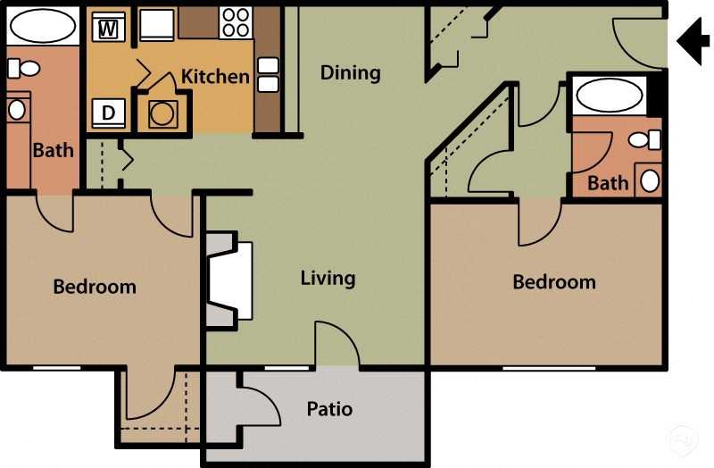 Floor plan for 2 beds, 2 baths, 1147 sqft
